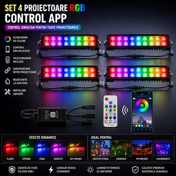 Set 4 Proiectoare LED RGB Inteligente 72W cu Telecomandă și Aplicație – Rezistente la Apă pentru Interior și Exterior, Control prin Internet și Sincronizare Muzicală
