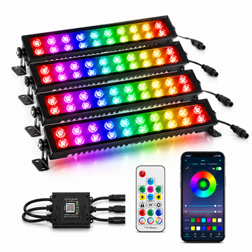 Set 4 Proiectoare LED RGB Inteligente 72W cu Telecomandă și Aplicație – Rezistente la Apă pentru Interior și Exterior, Control prin Internet și Sincronizare Muzicală