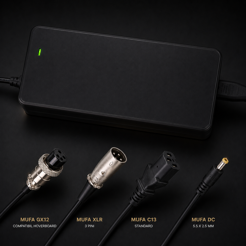 Încărcător Li-ion 42V/2A cu 4 Mufe pentru Trotinete Electrice, Biciclete, Hoverboard și Scooter – Negru, Rapid și Eficient