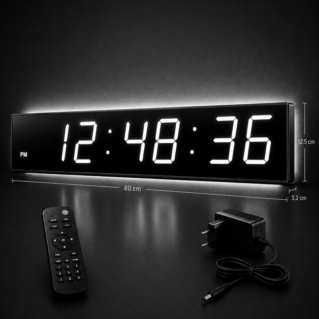 Ceas Digital Mare de Masă și Perete 80cm cu Afișaj LED Alb, Alarmă, Cronometru și Telecomandă – Ideal pentru Săli de Sport și Spații Comerciale