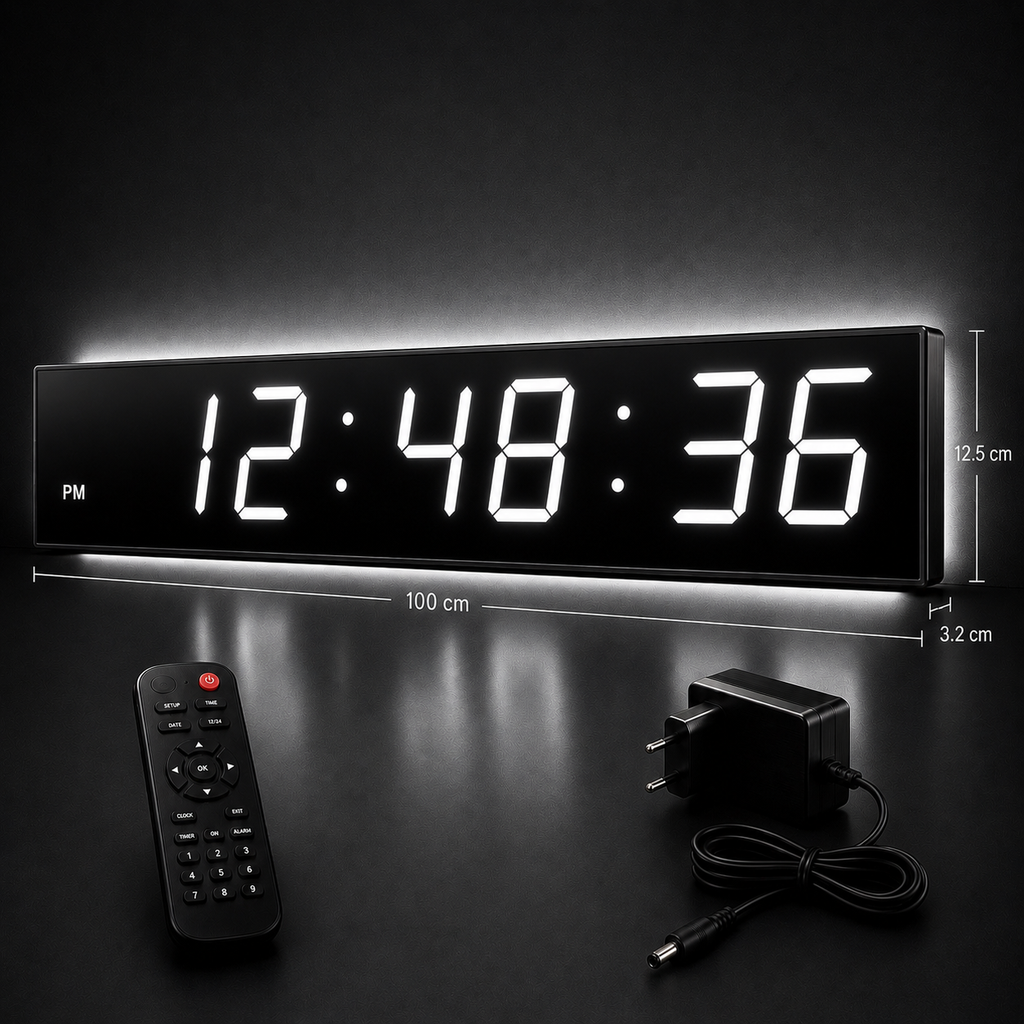 Ceas Digital Mare de Masă și Perete 100cm cu Afișaj LED Alb – Cronometru, Alarma și Telecomandă, Ideal pentru Săli de Sport și Birouri