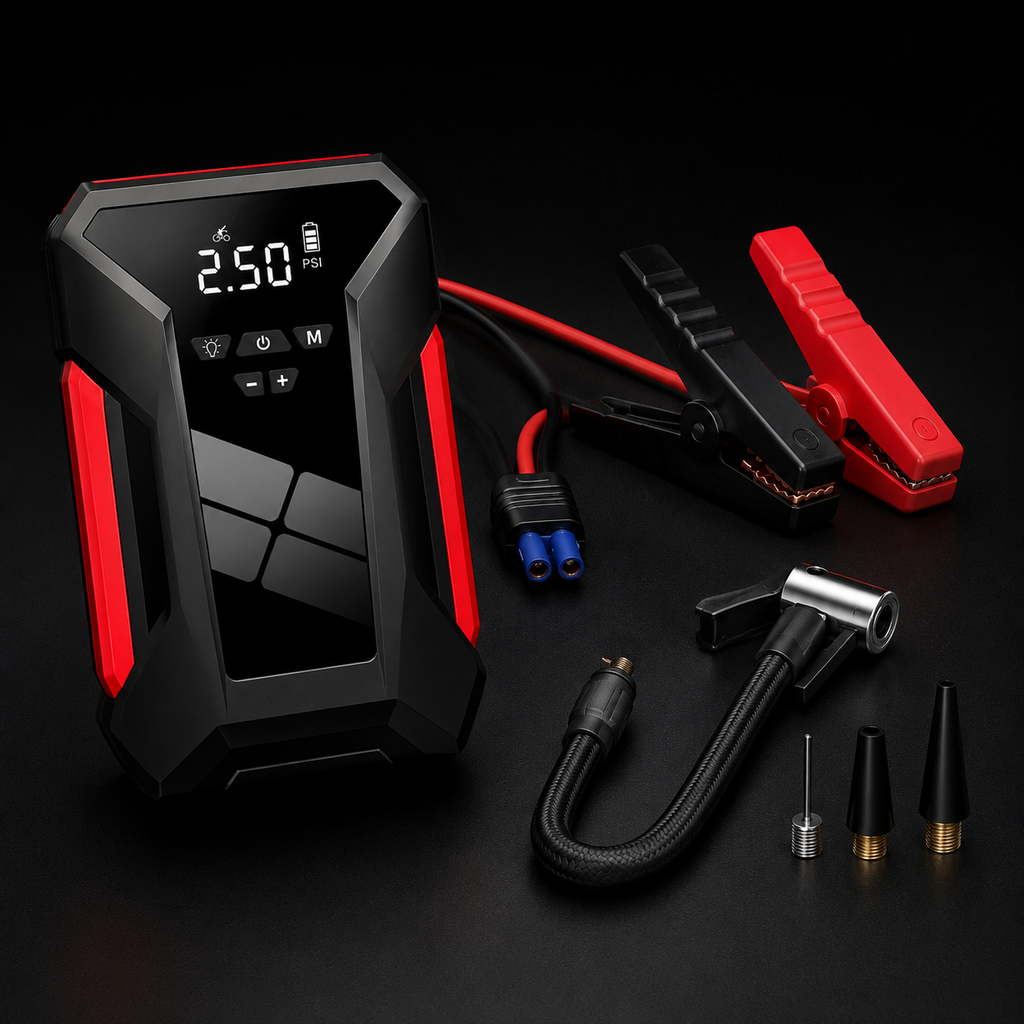 Starter Auto Portabil 1500A cu Compresor Aer Integrat, Power Bank și Lanternă LED – Jump Starter Multifuncțional 12V