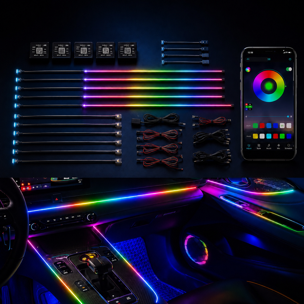 Kit Lumini Ambientale LED RGB Auto 18 Piese cu Aplicație – Iluminare Interior Mașină Multicoloră Premium