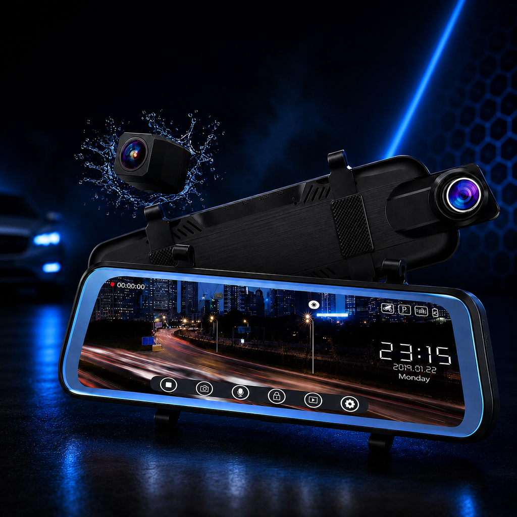 Oglindă Retrovisoare cu Cameră Auto Duală Față + Spate, Dash Cam Full HD, Ecran Touch 10″, Cameră Marșarier Impermeabilă, Night Vision, Înregistrare în Buclă