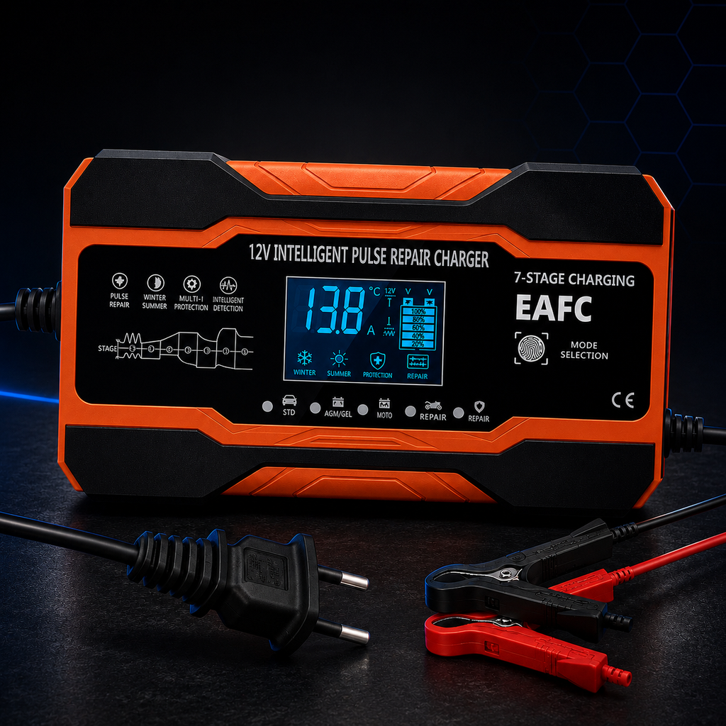 Redresor Auto Inteligent 12V cu Reparație Puls, Afișaj LCD, pentru Baterii AGM, GEL, EFB și Plumb-Acid, Auto și Motocicletă, Protecții Multiple