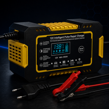 Redresor Auto Inteligent 12V cu Pulse Repair, Display LCD, Încărcare Rapidă, pentru Baterii AGM, GEL și Plumb-Acid, Auto și Motocicletă, Galben