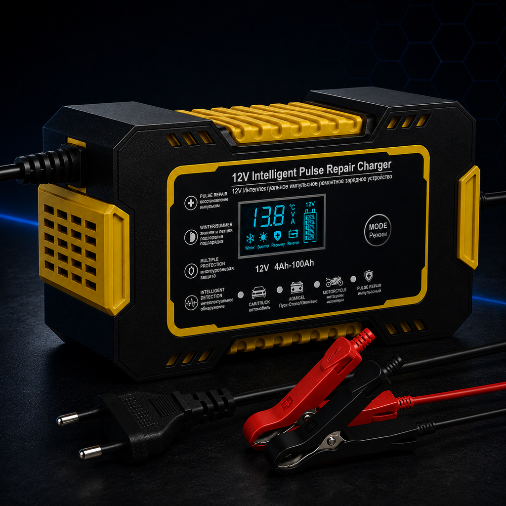 Redresor Auto Inteligent 12V cu Pulse Repair, Display LCD, Încărcare Rapidă, pentru Baterii AGM, GEL și Plumb-Acid, Auto și Motocicletă, Galben