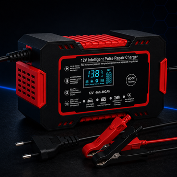 Redresor Auto Inteligent 12V cu Pulse Repair, Display LCD, Încărcare Rapidă, pentru Baterii AGM, GEL și Plumb-Acid, Auto și Motocicletă, Rosu