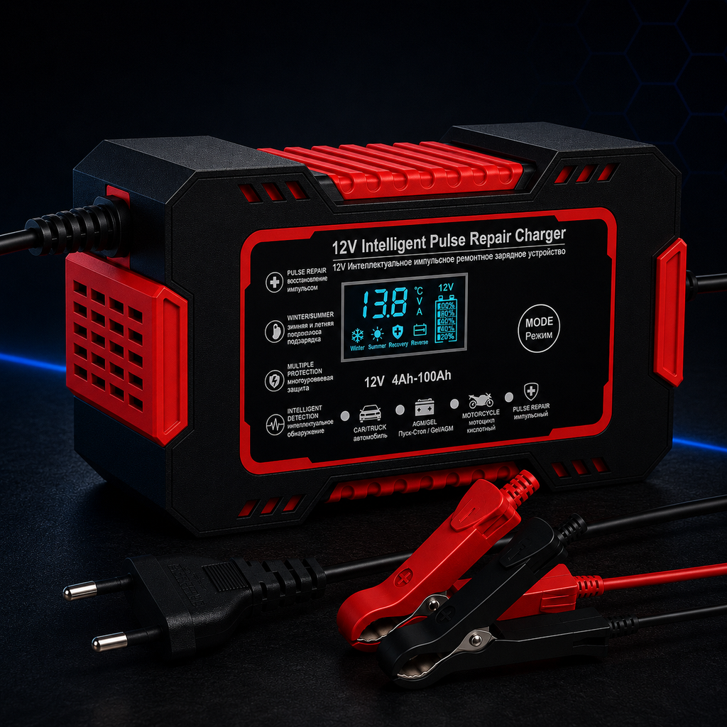 Redresor Auto Inteligent 12V cu Pulse Repair, Display LCD, Încărcare Rapidă, pentru Baterii AGM, GEL și Plumb-Acid, Auto și Motocicletă, Rosu