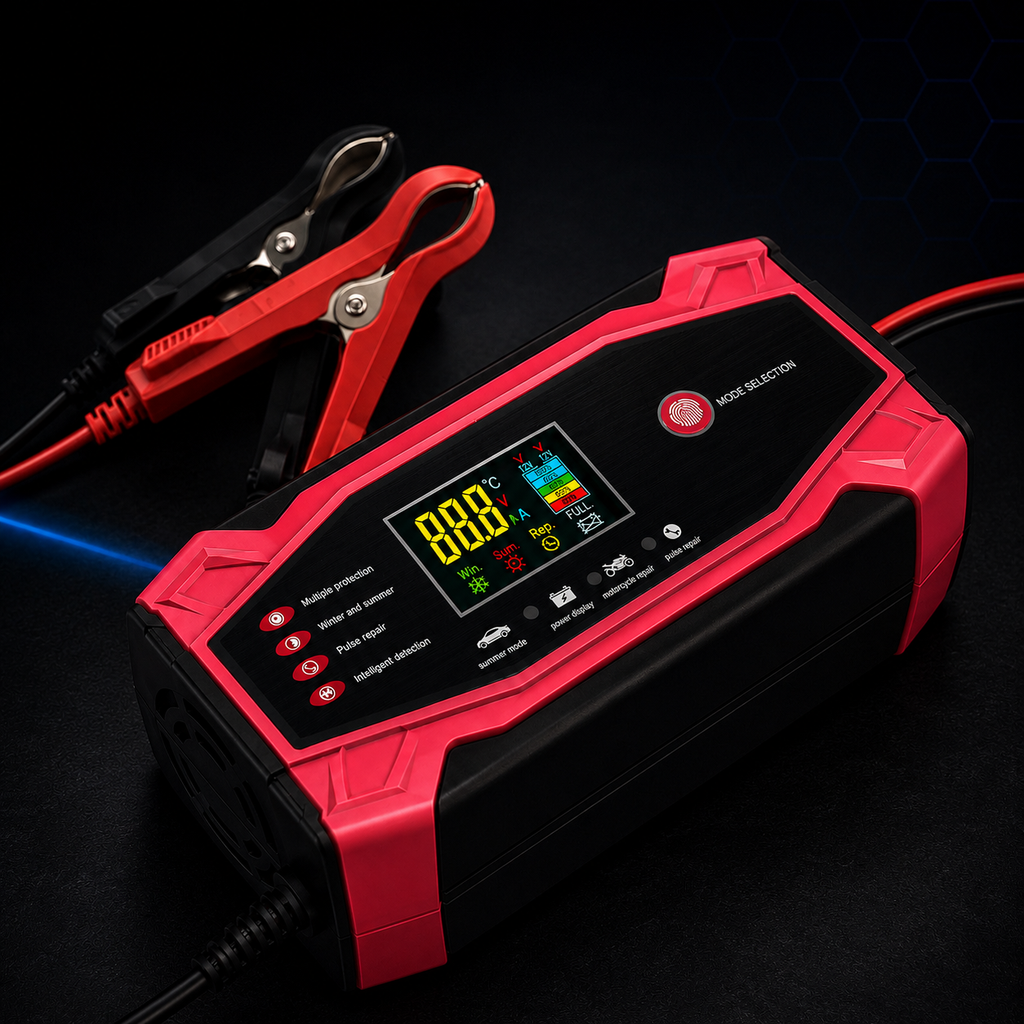 Redresor Auto Inteligent 12V / 24V 10A cu Smart Pulse Repair, Afișaj LCD, Încărcare Automată, Protecții Complete, Mod Iarnă și Vară, pentru Auto și Motocicletă, Roz