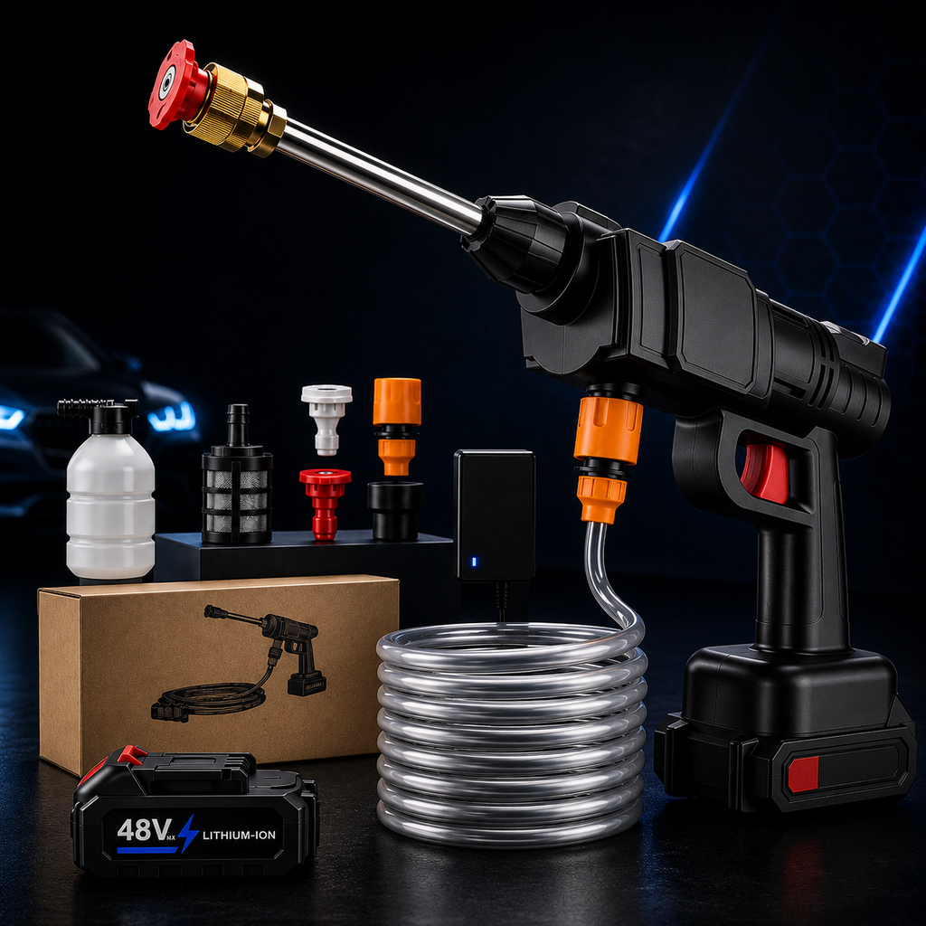 Aparat de Spălat cu Presiune Portabil 48V, Pistol Spălare Auto Fără Fir, Acumulator, Aspirare Apă din Găleată, Set Complet Accesorii