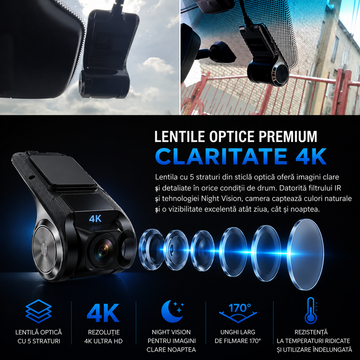 Cameră Auto 4K UHD de Bord / Trafic , Ecran IPS, Night Vision, G-Sensor, Detectare Mișcare, Loop Recording, Unghi 170°