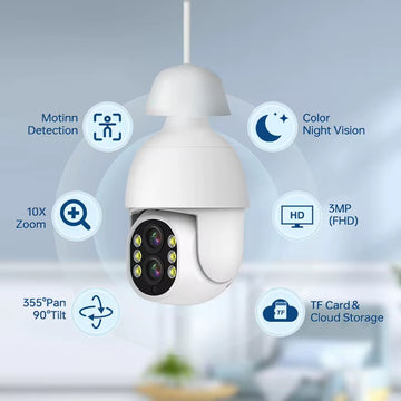Cameră de Supraveghere tip Bec E27, 4K , Rotire 355°, Vedere Nocturnă Color, Detectare Mișcare, Zoom 10X, Model G02
