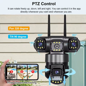 Cameră de Supraveghere WiFi 8K Frize G300, Sistem cu 3 Lentile, Zoom 10X, Detectare Mișcare și Vedere Nocturnă