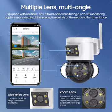 Cameră de Supraveghere Exterior WiFi Frize Q-SX921, Două Lentile 4+4MP, 4K HD, Zoom 10X și Urmărire Automată