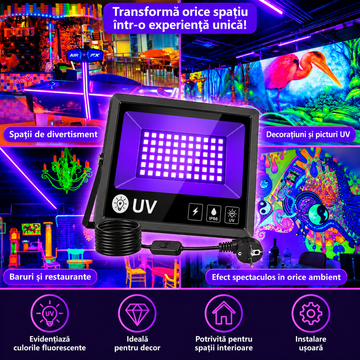Proiector LED UV 100W IP66 – Lumină Ultravioletă pentru Petreceri, Cluburi, Evenimente, Fluorescență și Efect Black Light