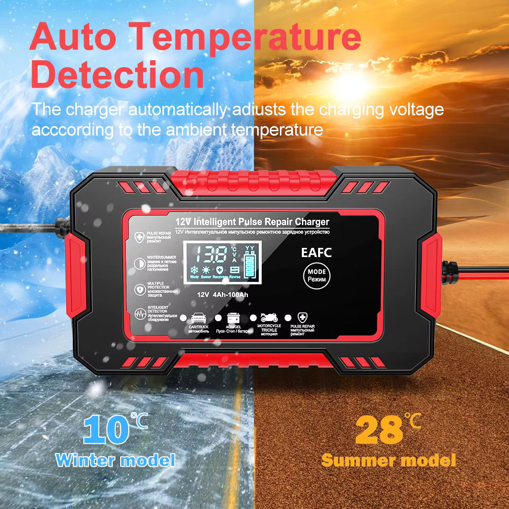 Redresor Auto Inteligent 12V cu Pulse Repair, Display LCD, Încărcare Rapidă, pentru Baterii AGM, GEL și Plumb-Acid, Auto și Motocicletă, Rosu