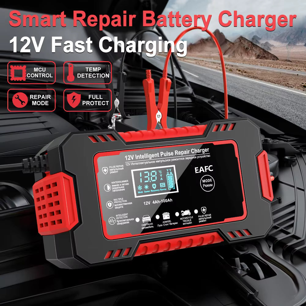 Redresor Auto Inteligent 12V cu Pulse Repair, Display LCD, Încărcare Rapidă, pentru Baterii AGM, GEL și Plumb-Acid, Auto și Motocicletă, Rosu