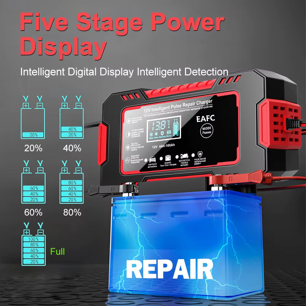 Redresor Auto Inteligent 12V cu Pulse Repair, Display LCD, Încărcare Rapidă, pentru Baterii AGM, GEL și Plumb-Acid, Auto și Motocicletă, Rosu