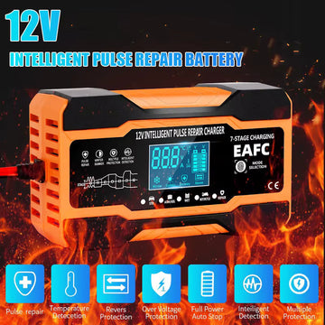 Redresor Auto Inteligent 12V cu Reparație Puls, Afișaj LCD, pentru Baterii AGM, GEL, EFB și Plumb-Acid, Auto și Motocicletă, Protecții Multiple