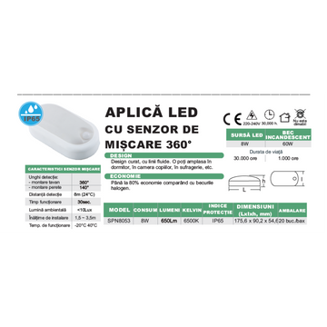 Aplica LED cu senzor de miscare 360°, 8W=60W, 650Lm, IP65