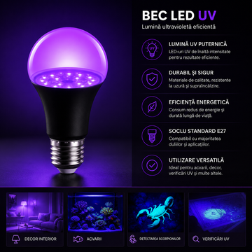 Bec LED UV Blacklight E27, Putere 12W, 395nm, Formă Clasică A60, pentru Petreceri, Decor și Efecte Fluorescente