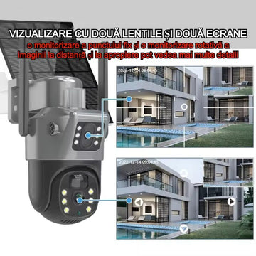 Camera de supraveghere dubla WIFI, 5MP, exterior, Ultra HD, 8X zoom, rotire, leduri lumina, comunicare bidirectionala, alarma, senzor miscare, Negru