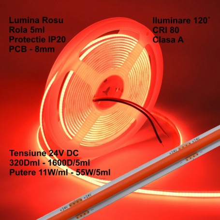 Bandă COB LED 24V - 8mm / 320 LED-uri/ml - 11W/ml, Rosu - Interior IP20 – Rola de 5m