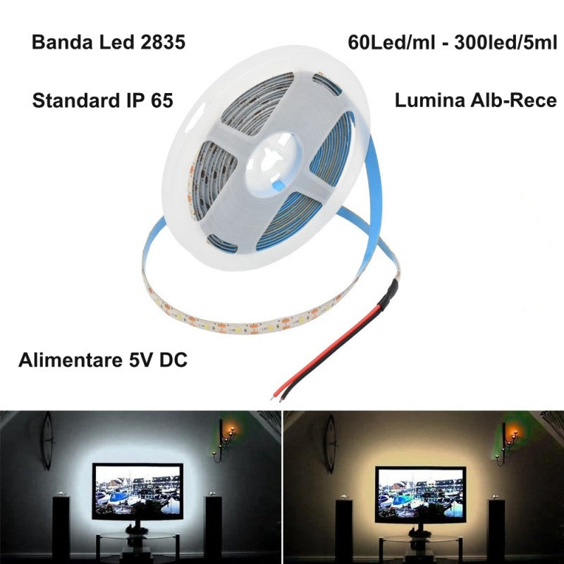 LED szalag 2835 - 5V kültéri, hideg-fehér, IP65, 60 LED méterenként - 5 méteres tekercs