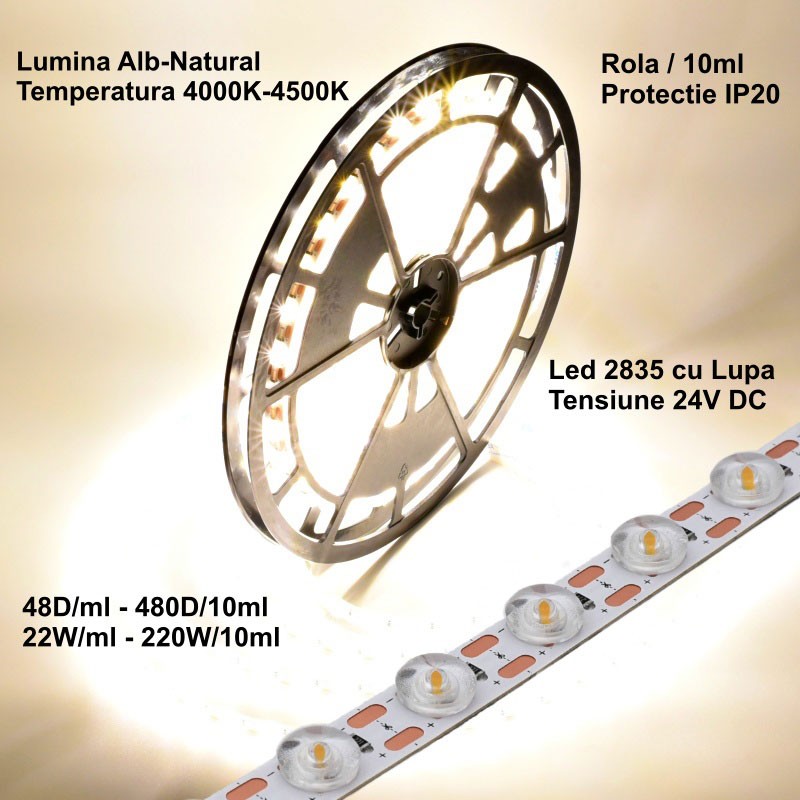 Led Strip 2835 nagyítóval - 24V - 480Led - 220W, IP20 fehér-semleges fény 4500K, tekercs/10ml