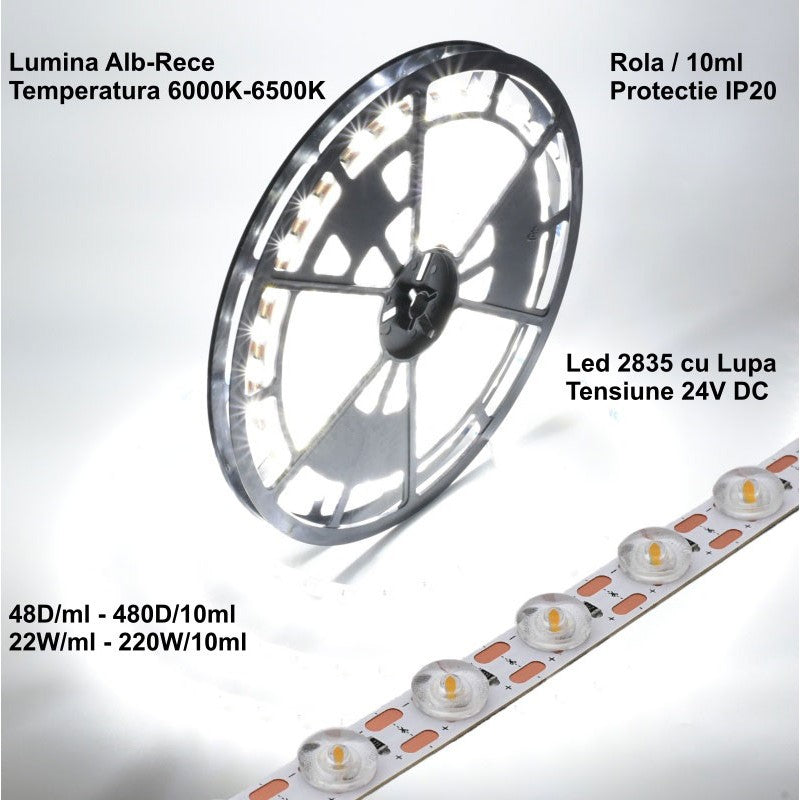 Led Strip 2835 nagyítóval - 24V - 480Led - 220W, IP20 hideg-fehér fény 6500K, tekercs/10ml