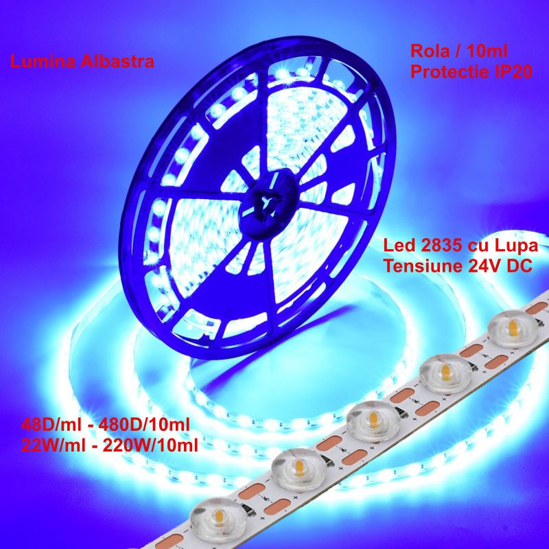 Led Strip 2835 nagyítóval - 24V - 480Led - 220W, IP20 kék fény, tekercs/10 ml