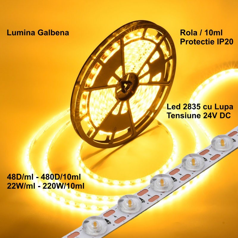 Led Strip 2835 nagyítóval - 24V - 480Led - 220W, IP20 sárga fény, tekercs/10 ml