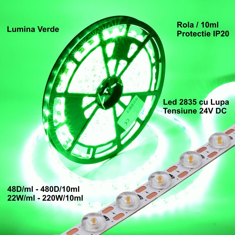 Led Strip 2835 nagyítóval - 24V - 480Led - 220W, IP20 zöld fény, tekercs/10 ml
