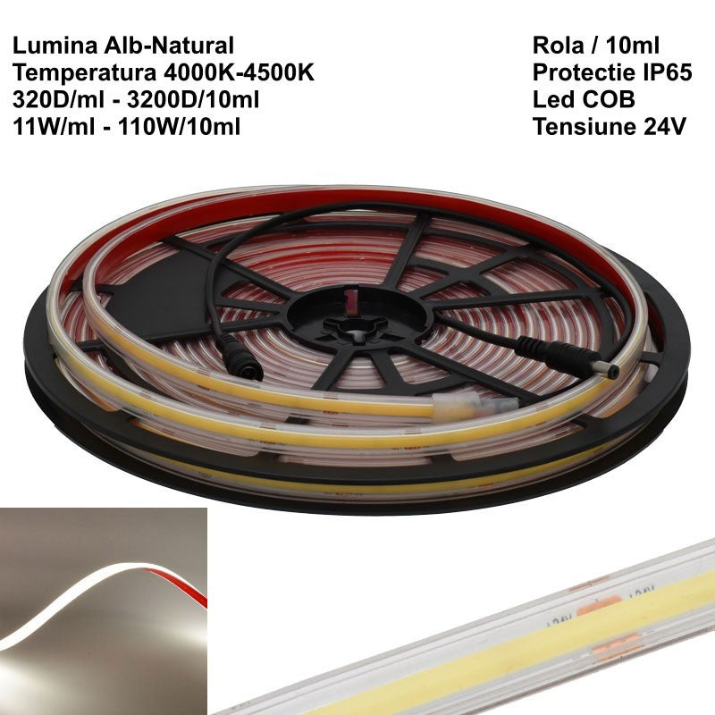 Led szalag 320 Cob - 24V - 10mm fehér-semleges 4500K, IP65 kültéri - tekercs/10ml