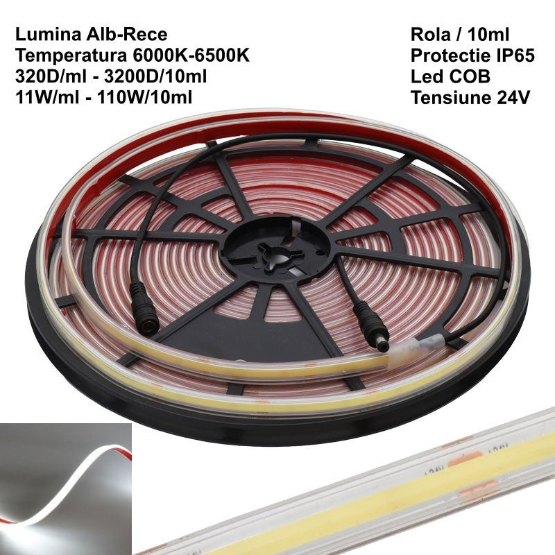 Led Strip 320 Cob - 24V - 10mm Cool White 6500K, IP65 Outdoor - Roll/10ml