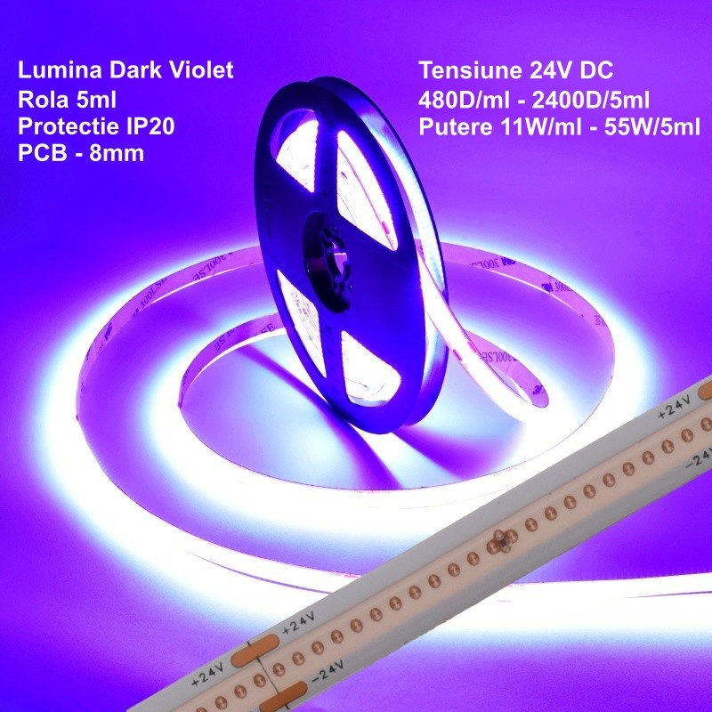 Led szalag Cob Dark-Violet, DC 24V - 480D/ml - 11W/ml, IP20 - Roll/5ml