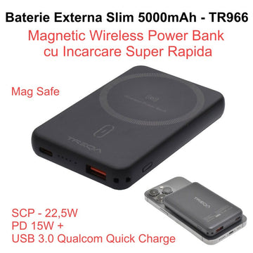 Baterie Externa 5000mAh, Power Bank Slim - Magnetic Wireless 15W, Usb / TR-966 / Negru