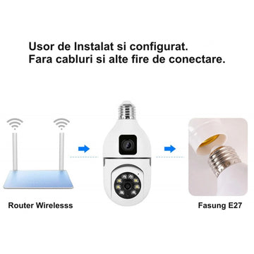 IP megfigyelő kamera, kettős nézetű PTZ 360˚ és fix - E27 / V380 Pro