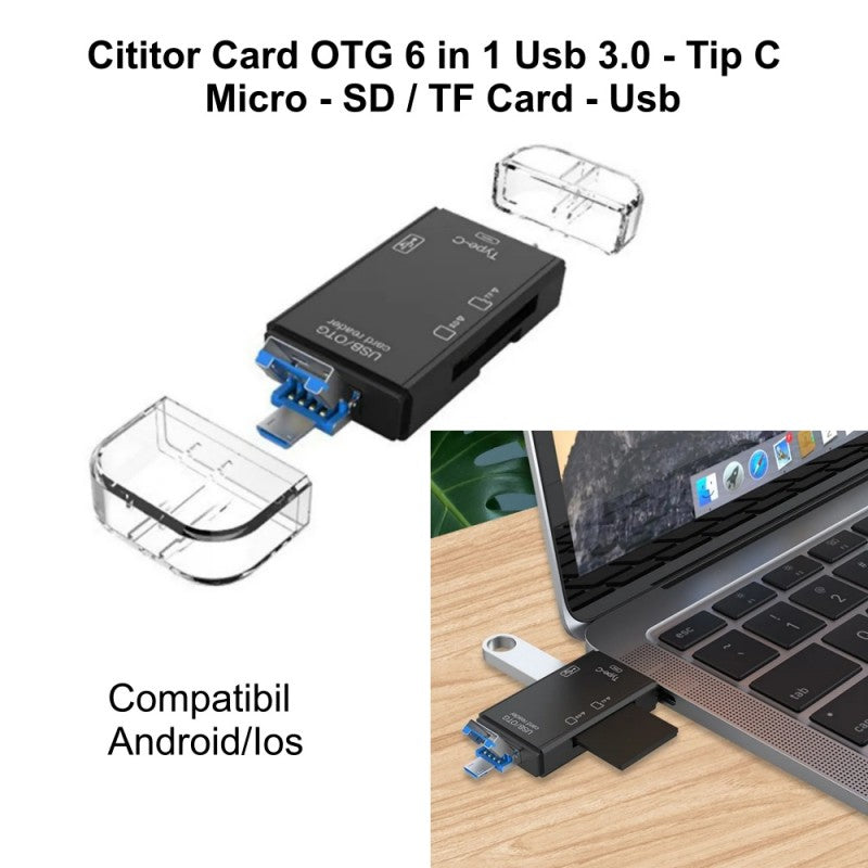 Cititor de Card OTG 6 în 1 cu USB 3.0, Micro USB, Tip C și Slot TF/SD – Dispozitiv Multifuncțional pentru Transfer Rapid de Date