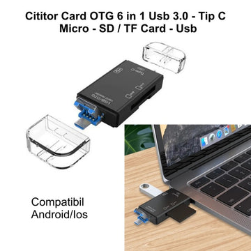 Cititor de Card OTG 6 în 1 cu USB 3.0, Micro USB, Tip C și Slot TF/SD – Dispozitiv Multifuncțional pentru Transfer Rapid de Date