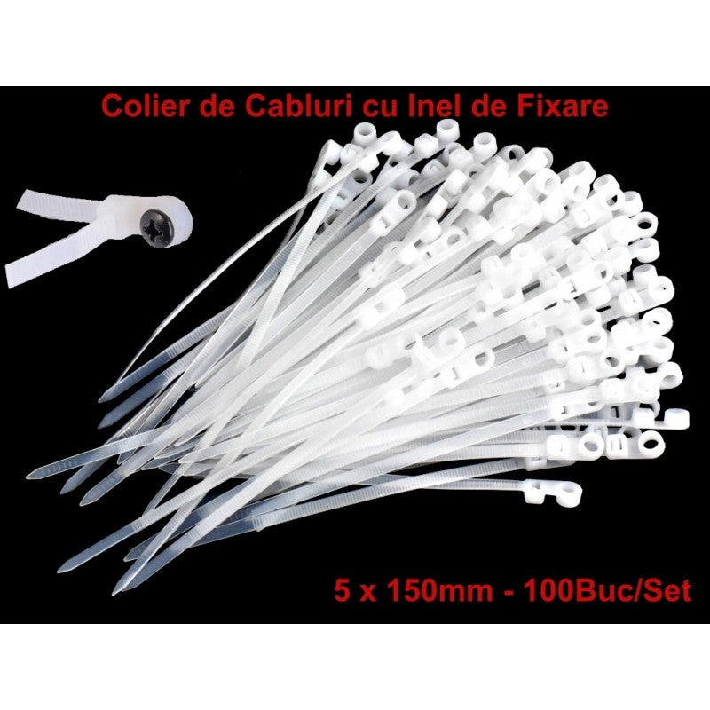 Colier de Plastic Alb 5 x 150mm, cu Cap Montabil - 100b/Set