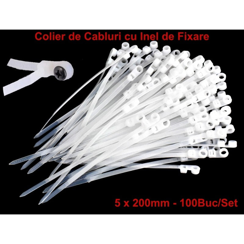 Colier de Plastic Alb 5 x 200mm, cu Cap Montabil - 100b/Set