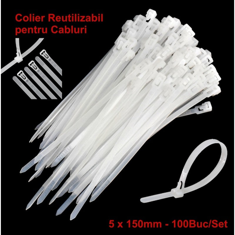 Colier de Plastic Reutilizabil 5x150mm Alb - 100Buc/Set