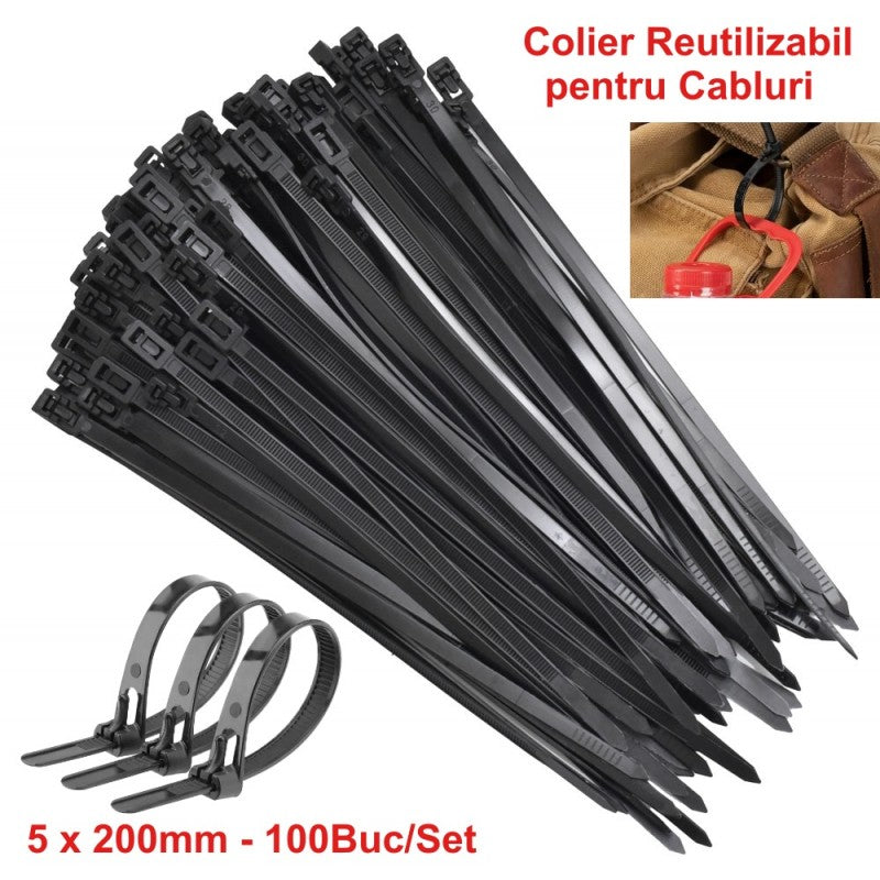 Colier de Plastic Reutilizabil 5x200mm Negru - 100Buc/Set