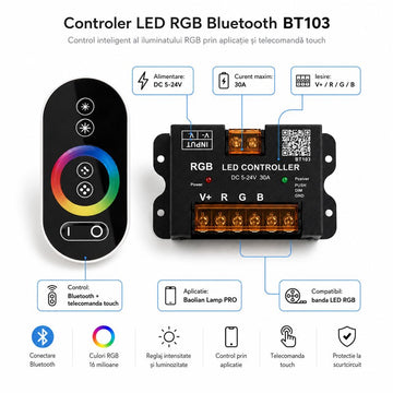 Controler LED RGB Bluetooth 5-24V 30A BT103 – Controller pentru Bandă LED RGB cu Control din Telefon