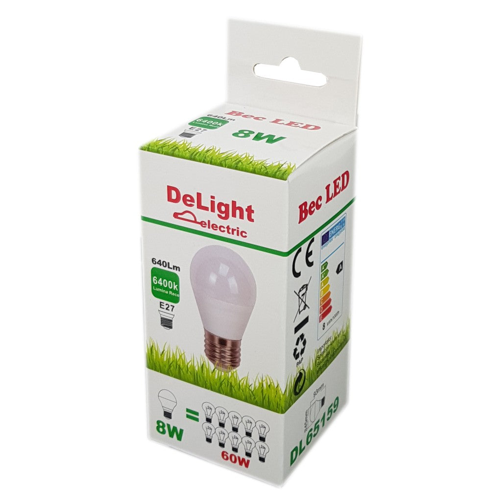 Gömb alakú Led izzó E27, modell G45, 8W=60W, 6400K, hideg fény