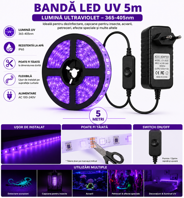 Bandă LED UV 5m cu Întrerupător și Alimentare 220V, Impermeabilă, Lumină Ultravioletă