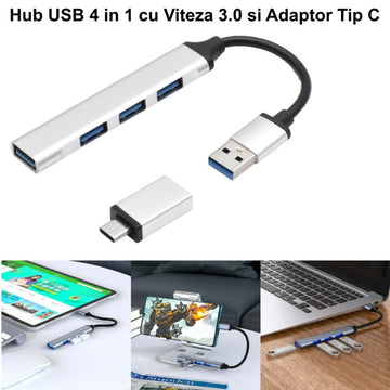 HUB USB 3.0 4 în 1 cu Adaptor Tip C – Conectori pentru Laptopuri, PC-uri și Dispozitive Mobile