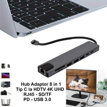 HUB ADAPTER 8 AZ 1-BEN C TÍPUSÚ HDTV-HEZ 4K UHD - PD - RJ45 - TF/SD - USB 3.0